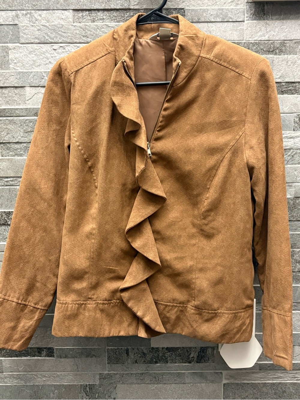 Christopher & Banks Suede-Look Ruffle Front Jacket - Brown